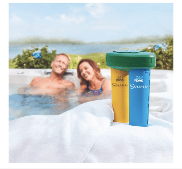 Two people in a hot tub with a FROG Serene Floating Sanitizing System for Hot Tubs, Quick and Easy Self-Regulating Hot Tub Sanitizer with Bromine and FROG Sanitizing Minerals Kills Bacteria 2 Ways, for Hot Tubs up to 600 gallons.